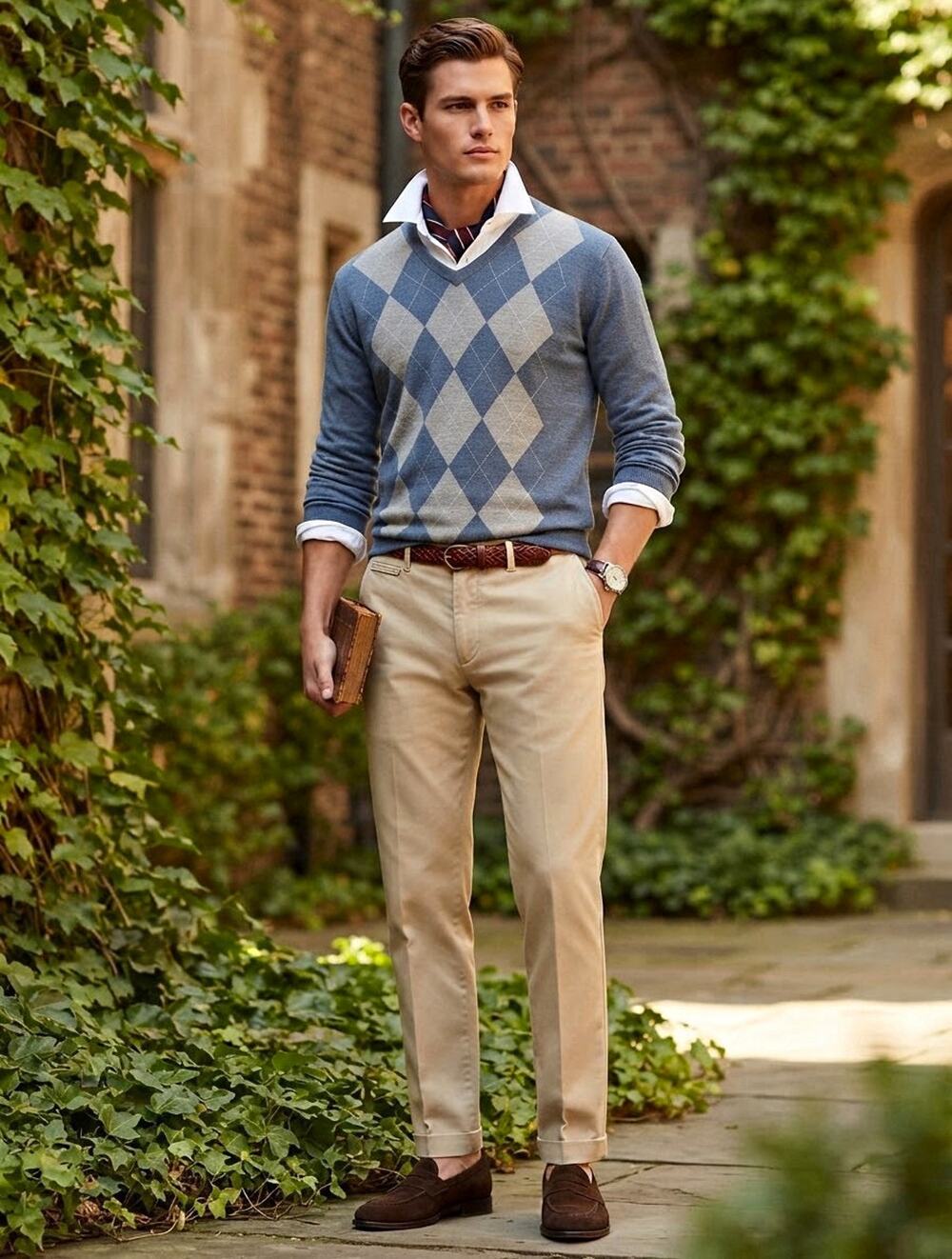 Banana Republic Silk Linen Men’s V-Neck Pullover Argyle Sweater Blue/Gray Preppy